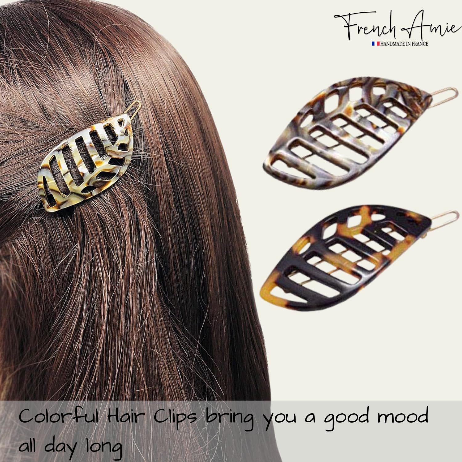 French Amie Leaf Handmade Small Onyx Silver Gray Celluloid Acetate Side Slide Barrette with Snap on Tige Boule Ball Point Hair Pin Clip (Onyx Silver Grey)