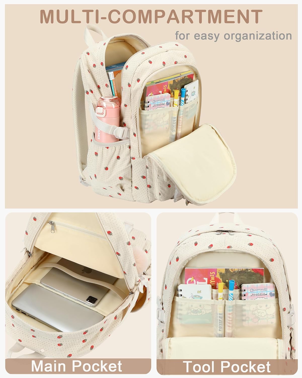 Hidds School Backpack for Teens Girls Women 15.6 Inch Laptop College Backpacks Corduroy Work Bag Kids Elementary Middle High Campus Bookbag Students Pack Travel Daypack Womens - Beige Strawberries - Image 3