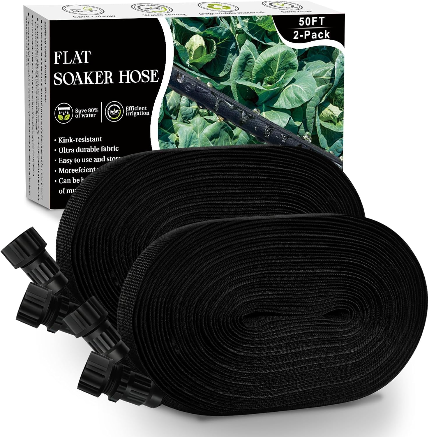 Soaker Hose 100FT, Thickened Flat Soaker Hoses For Garden 100 ft 2 pack, Drip Irrigation Hose Saves 80% Water, Leak-free Design Water Hose with Holes For Lawn, Flower Bed, Vegetable Field (50 FT x 2)