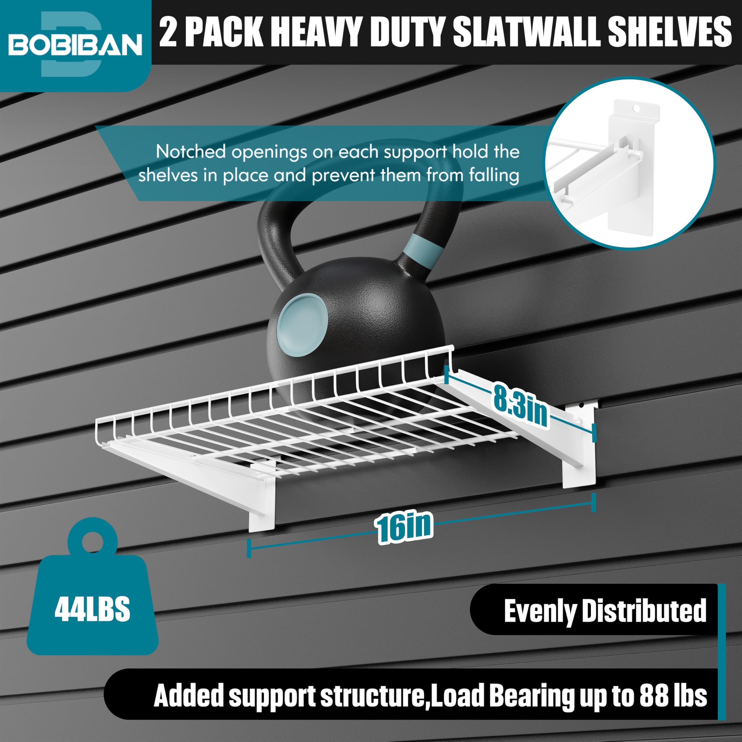 Condition photo showing New/Like New for 2 pack metal slatwall shelves 16x8.3 inch, white | heavy duty wire slat wall shelf for garage, retail & home storage, high capacity, universal slatwall accessories