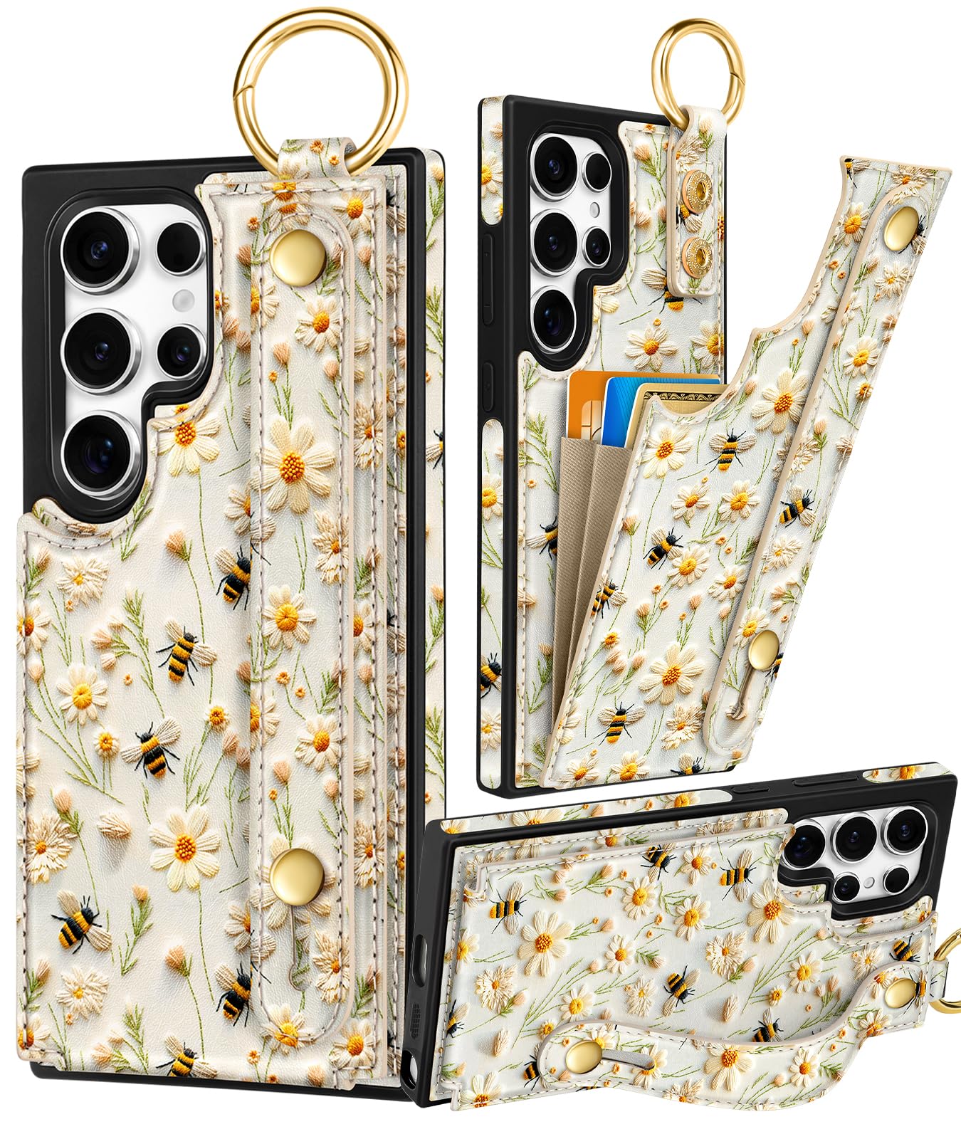 Petitian for Samsung Galaxy S23 Ultra Case with Wallet - Women Girls Cute Girly Aesthetic Unique Design Leather Credit Card Holder Cardholder Stand Wristband for S23 Ultra, Flower