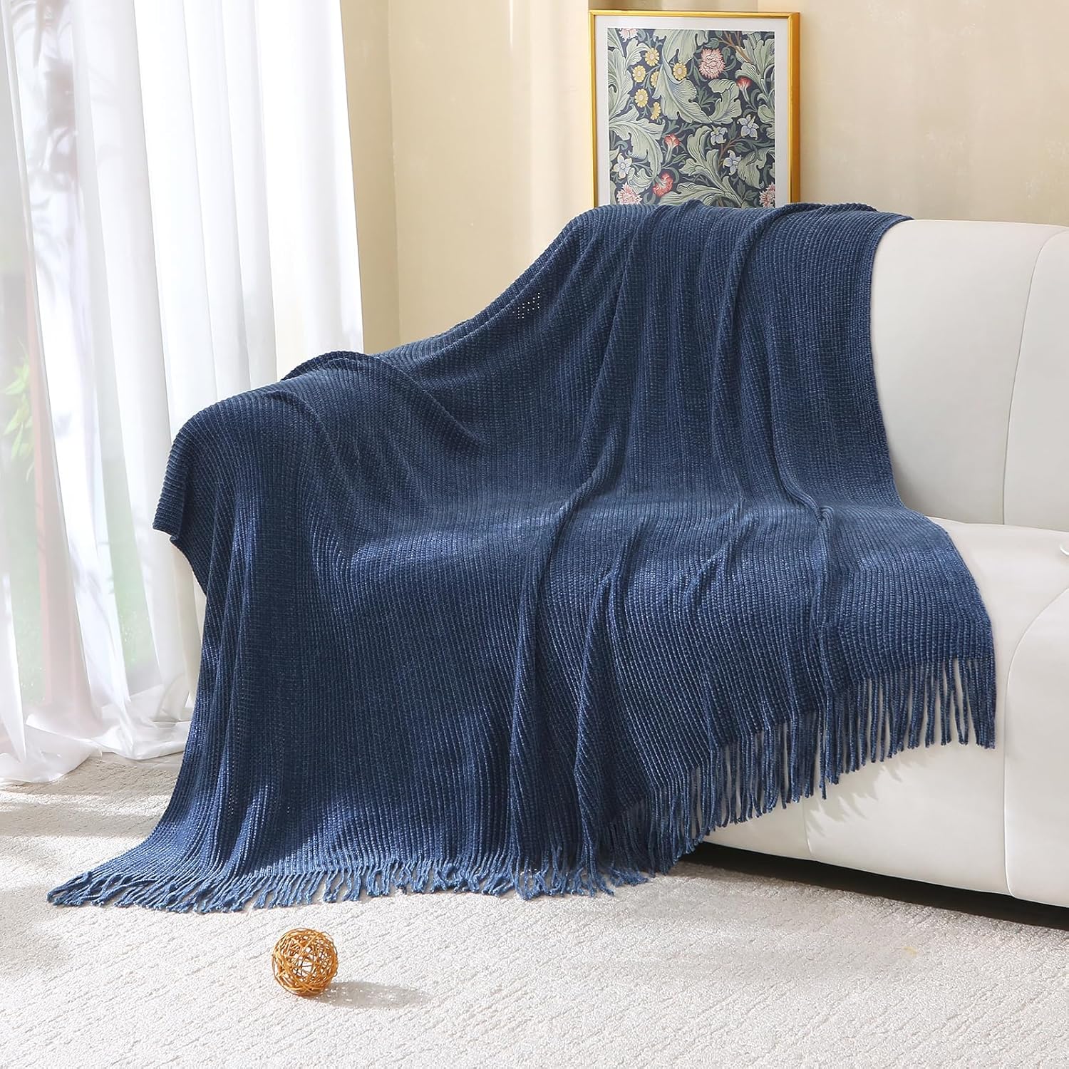 Chenille Throw Blanket for Couch, Soft Cozy Knitted Boho Blanket for Bed, Lightweight Spring Fall Throw with Tassel, 50x60 (Navy)