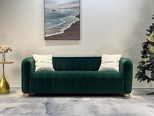 Miniatura 8 de Sofá Chesterfield de terciopelo tapizado de terciopelo de 83 pulgadas, moderno sofá con 2 almohadas para sala de estar y apartamento (verde)