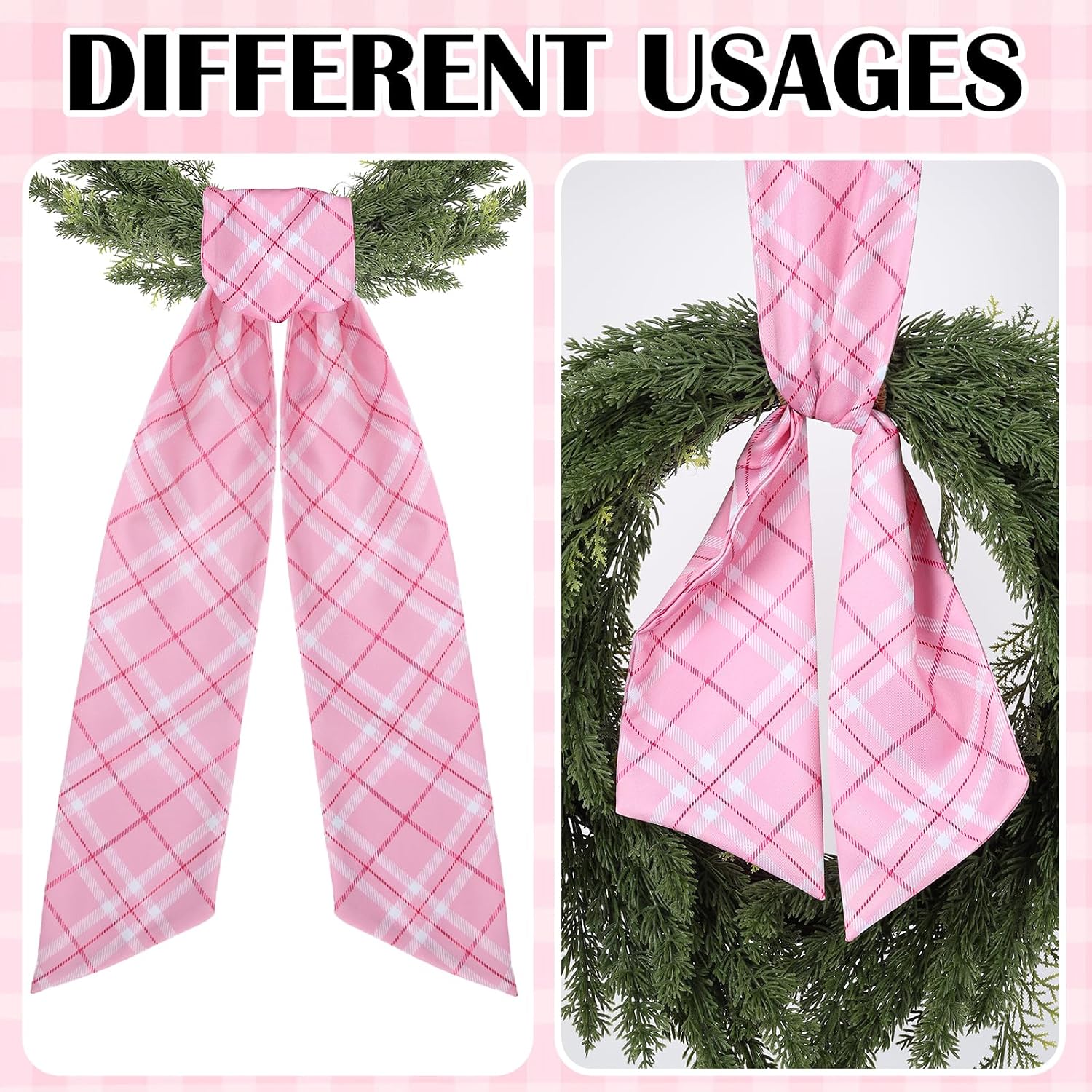 Pink Plaid Wreath Sash - 2 Pcs Sashes for Wreath Front Door Valentine's Day Home Decor, 60 Inch Buffalo Plaid Wreaths Sash for Doorway Wedding Baby Shower Indoor Outdoor