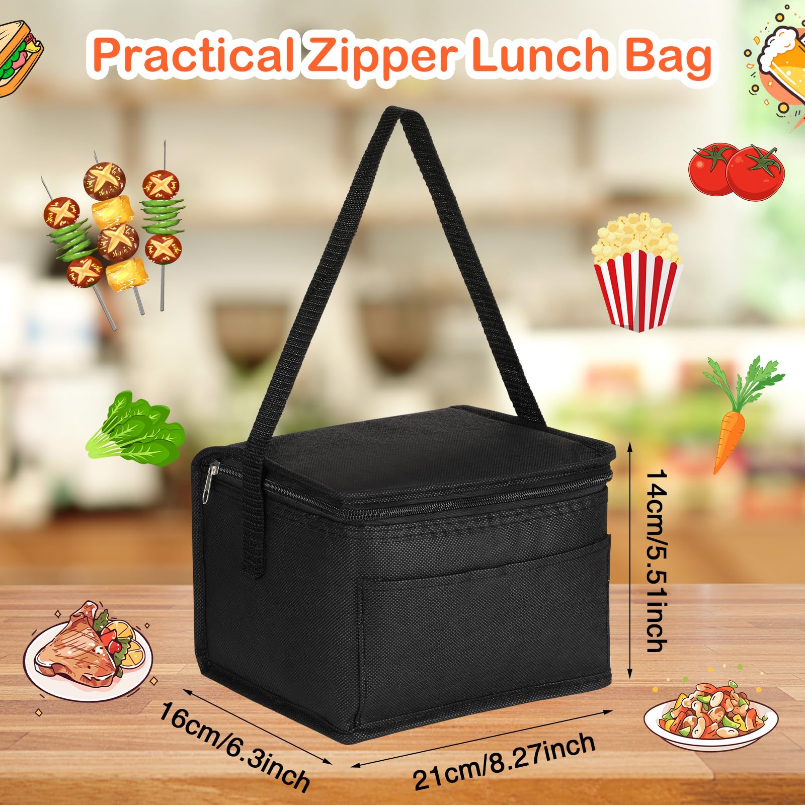 Mifoci 50 Pcs Lunch Bags Bulk Insulated Cooler Bags Reusable Cooler Tote Bags Leakproof Thermal Black Lunch Boxes Waterproof Lunch Bag Beverage Bag with Strap for Men Women Office Work Picnic Beach