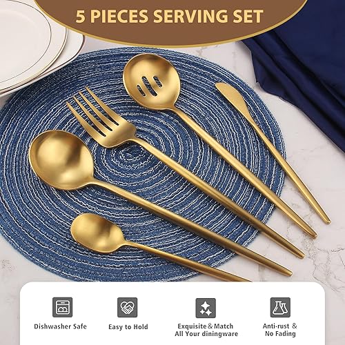 Miniatura 3 de Matte Gold Serving SetOliviola 5-Piece Stainless Steel Large Hostess Set with Round Edge, Satin Finished, Dishwasher Safe -Large Spoon, Large