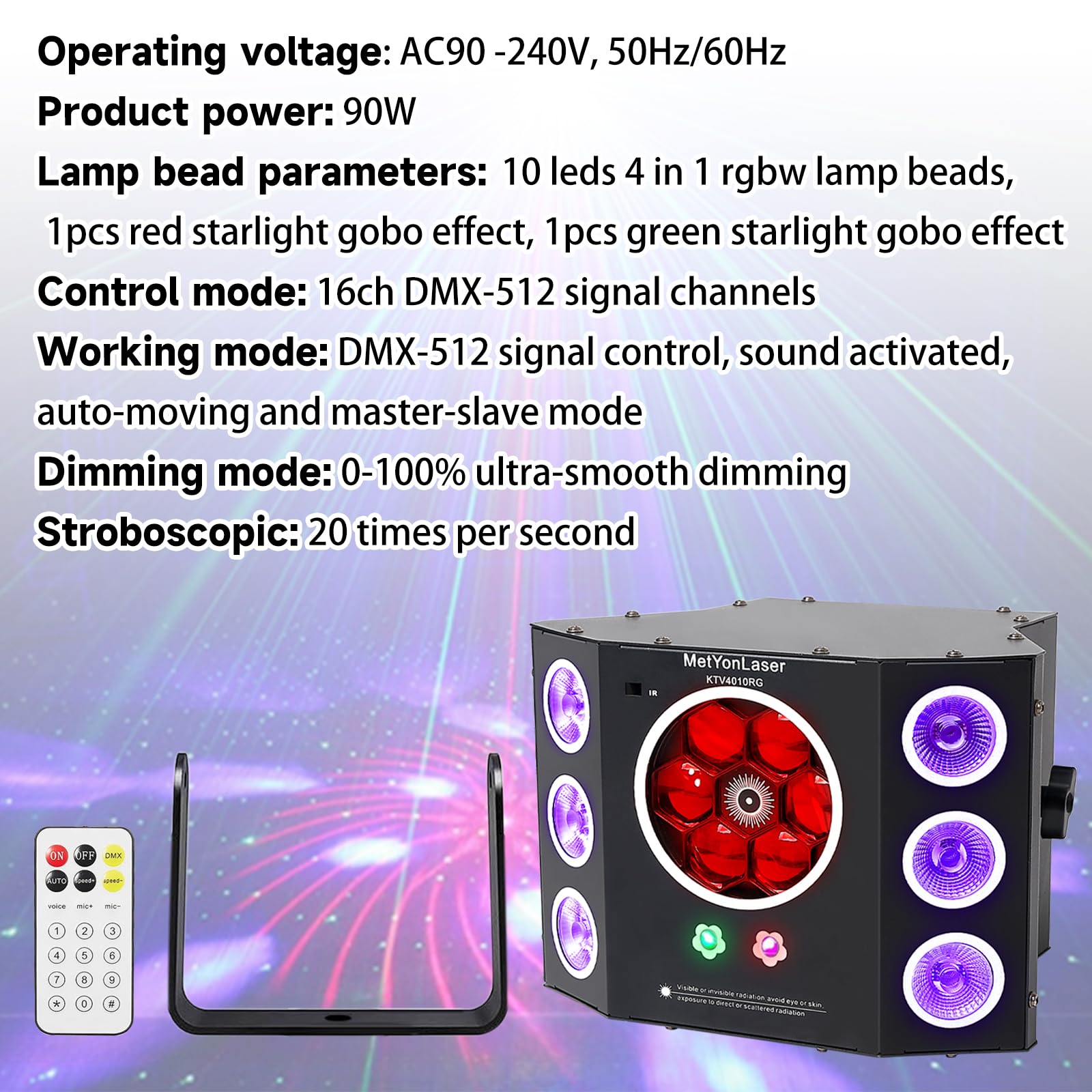Party-Lichter, Disco-Licht, DJ-Lichter, 4in1 LED-Stroboskop-Bienenaugen-Waschlichter und rot-grüner Strahl-Gobos-Effekt, 16-Kanal-DMX mit aktiviertem Ton für die Weihnachts-Halloween-Party