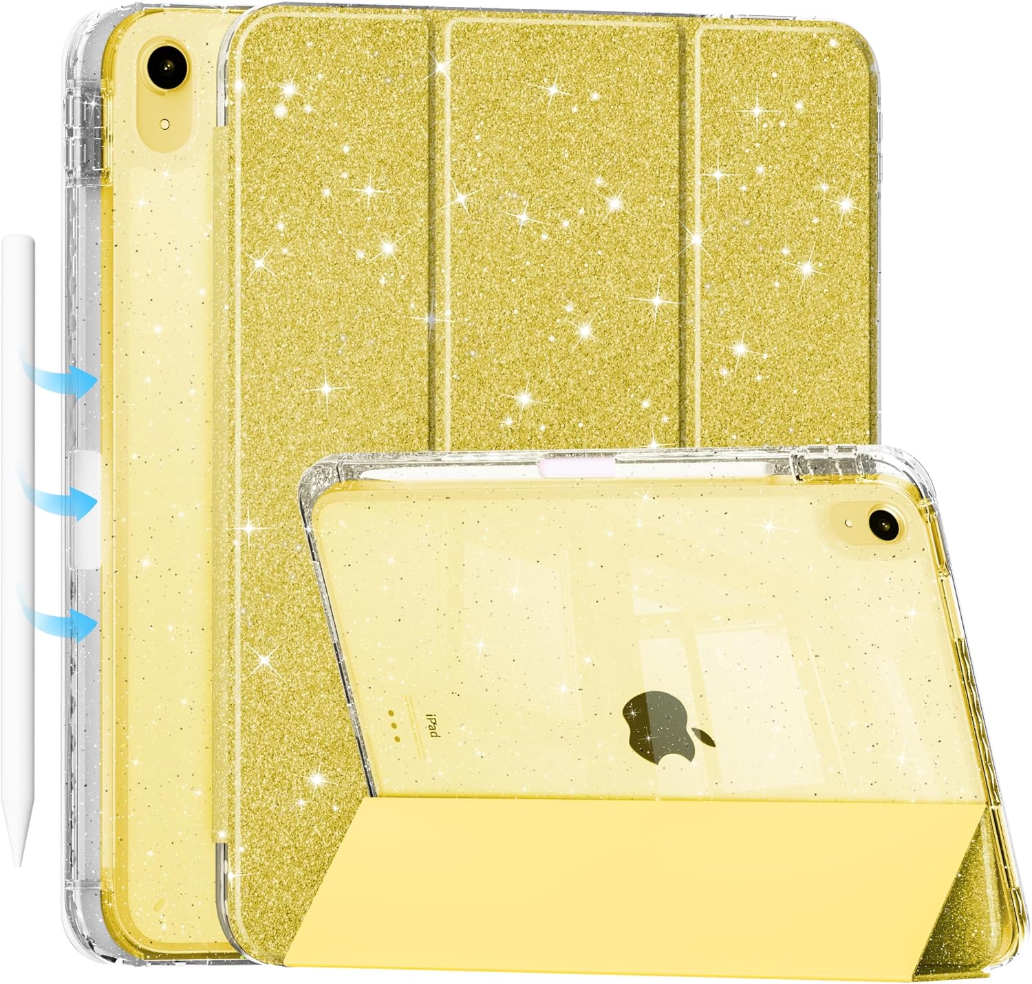 Mektron Case for iPad Air 11 inch (M3 2025 7th /M2 2024 6th), Glittering Gold Leather iPad Air 10.9" (2022 5th Gen /2020 4th Gen) Sparkly Protective Cover with Shiny Clear Back Shell, Gold Yellow