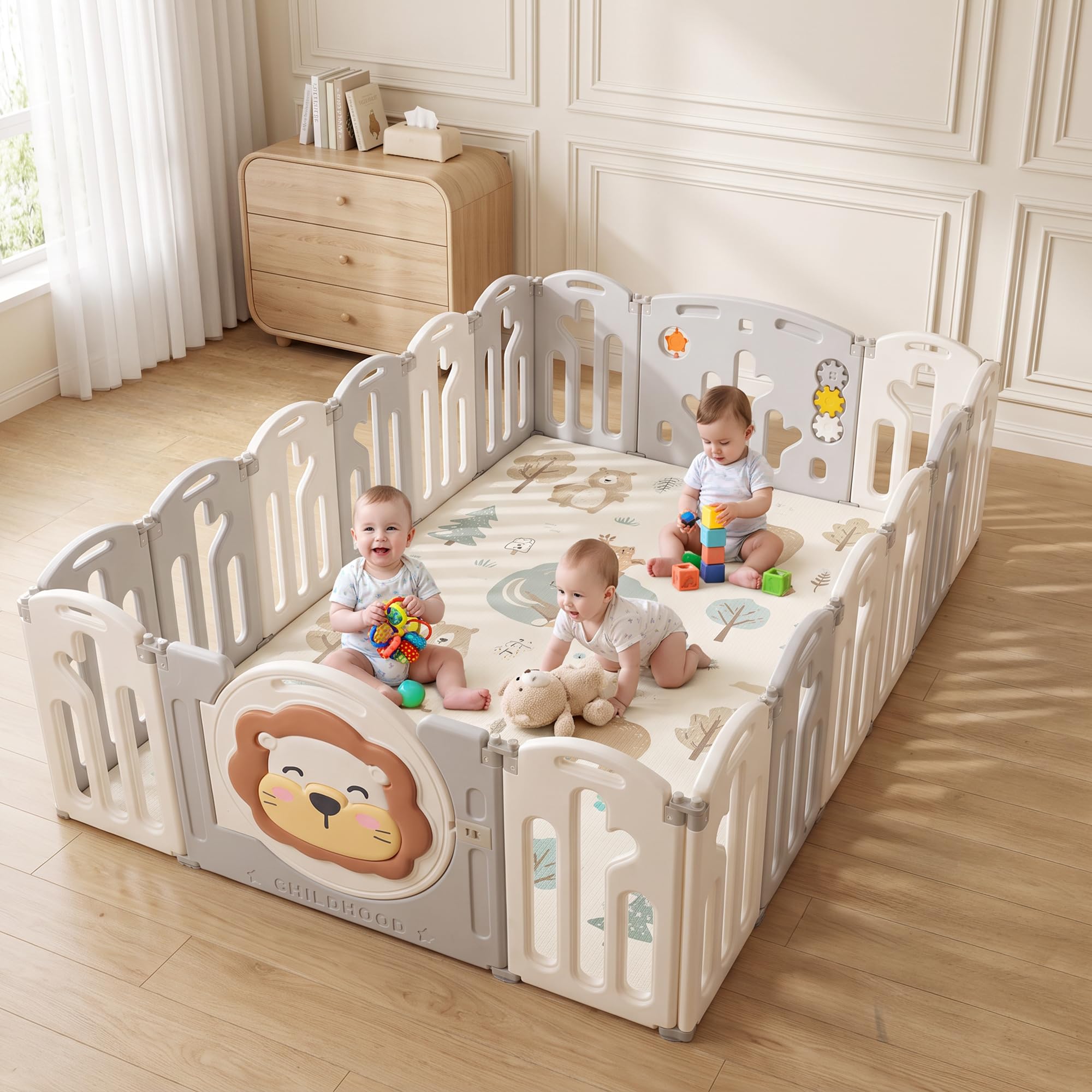 Baybee Lion Kids Playpen for Babies | Foldable Baby Play Area Indoor Setup with Safety Lock & Double Knob | Baby Activity Playards for Toddlers | Outdoor Play Pen for Kids for 0-5 Years (18 Panels)