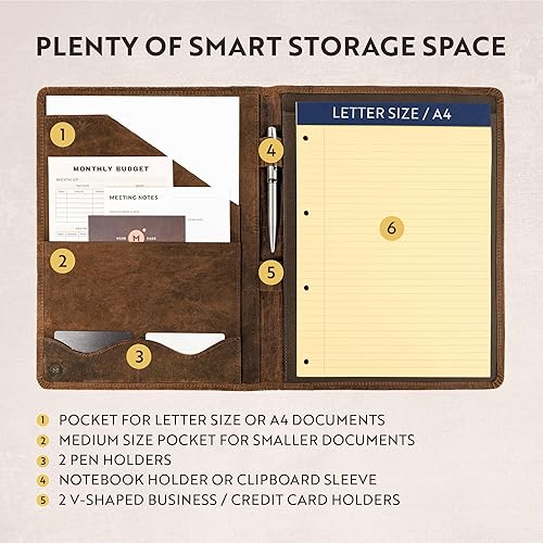 Vista 12 de Portafolio de cuero organizador profesional Padfolio - Carpeta de currículum con bolígrafo de lujo, elegante folio de documentos para escribir