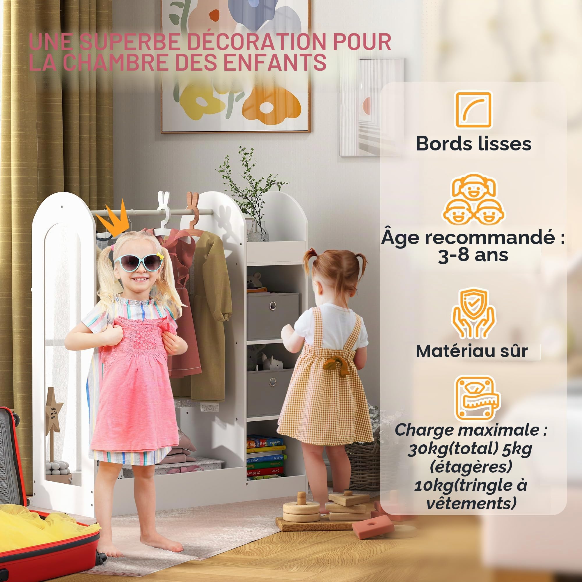 AIYAPLAY Tringle à vêtements pour enfants avec étagère de rangement, boîtes, miroir, armoire pour chambre à coucher, chambre d'enfant, crèche, blanc