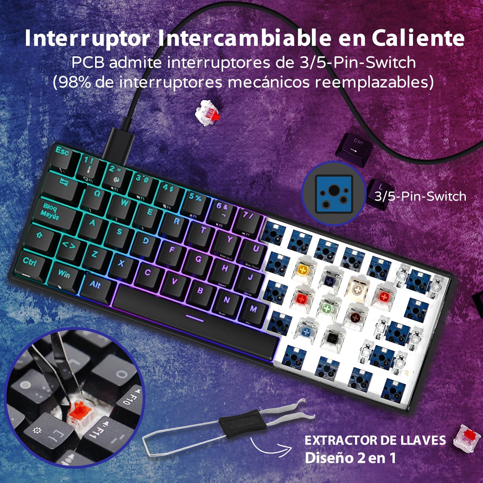 RK ROYAL KLUDGE RK61 Teclado Inalambrico, Español Teclado Mecánico Gaming 60% RGB Bluetooth/USB-C/2.4Ghz Interruptor Rojo Hot Swap Compatible con MacBook/iPad/iOS/Mac OX/Windows PC Tableta, Negro