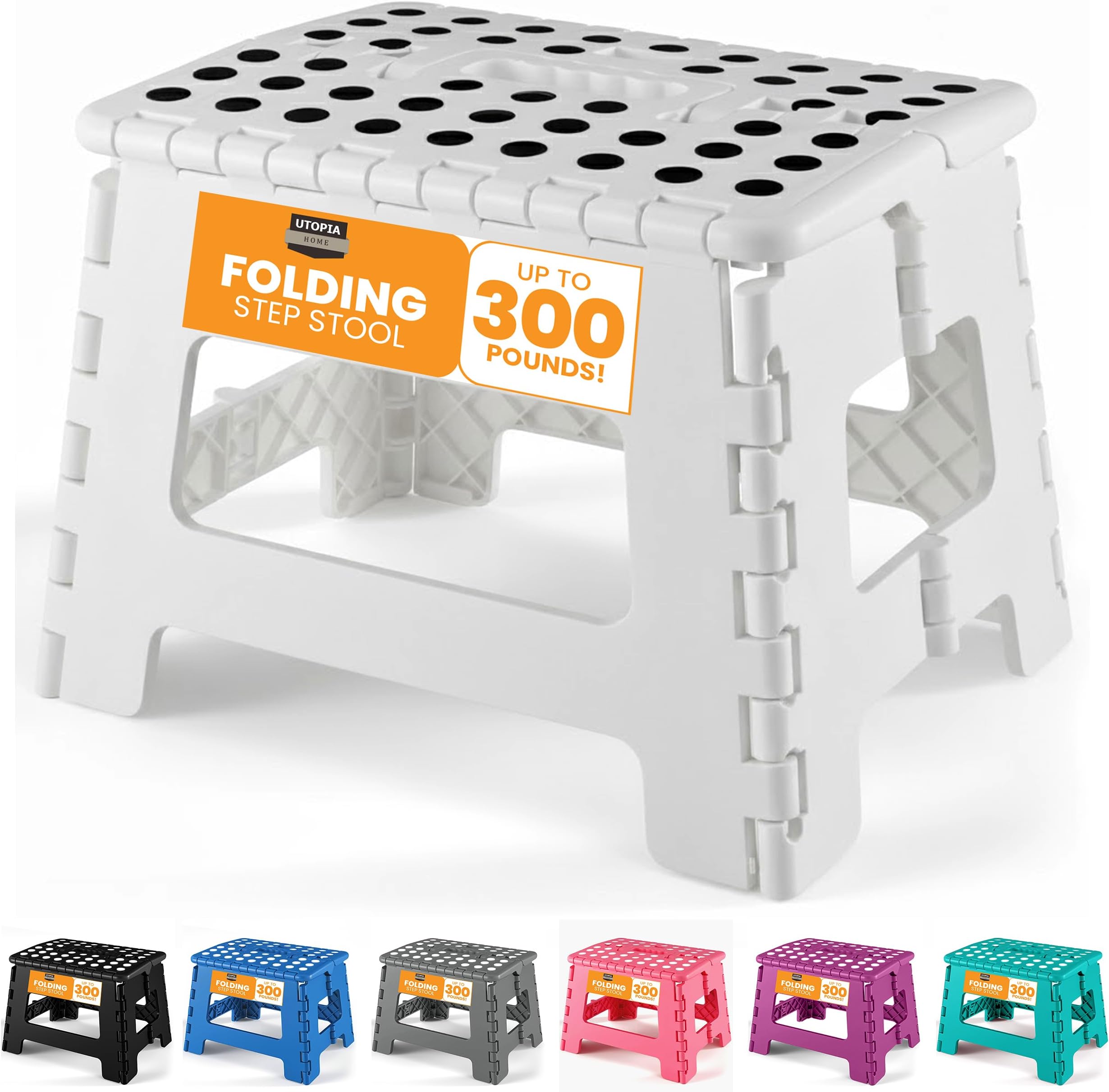 Utopia Home Folding Step Stool with Handle – 9 Inch Anti Slip Collapsible Stool – Holds Up to 300 lbs – Sturdy Plastic Step Stool Foldable for Kitchen, Bathroom and Home Use (1-Pack, White)