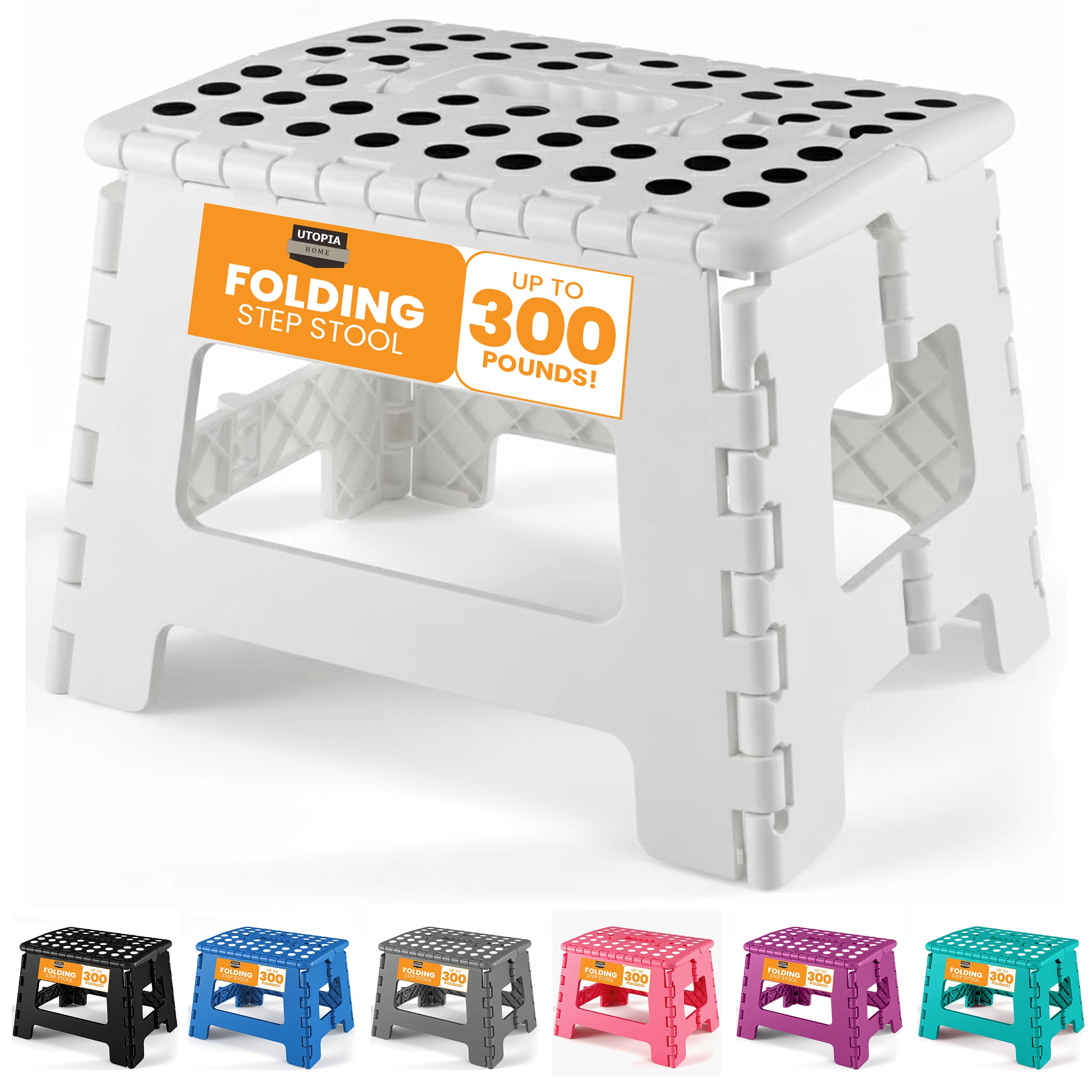 Utopia Home Folding Step Stool - (Pack of 1) Foot Stool with 9 Inch Height - Holds Up to 300 lbs - Lightweight Plastic Foldable Step Stool for Kids, Kitchen, Bathroom & Living Room (White)