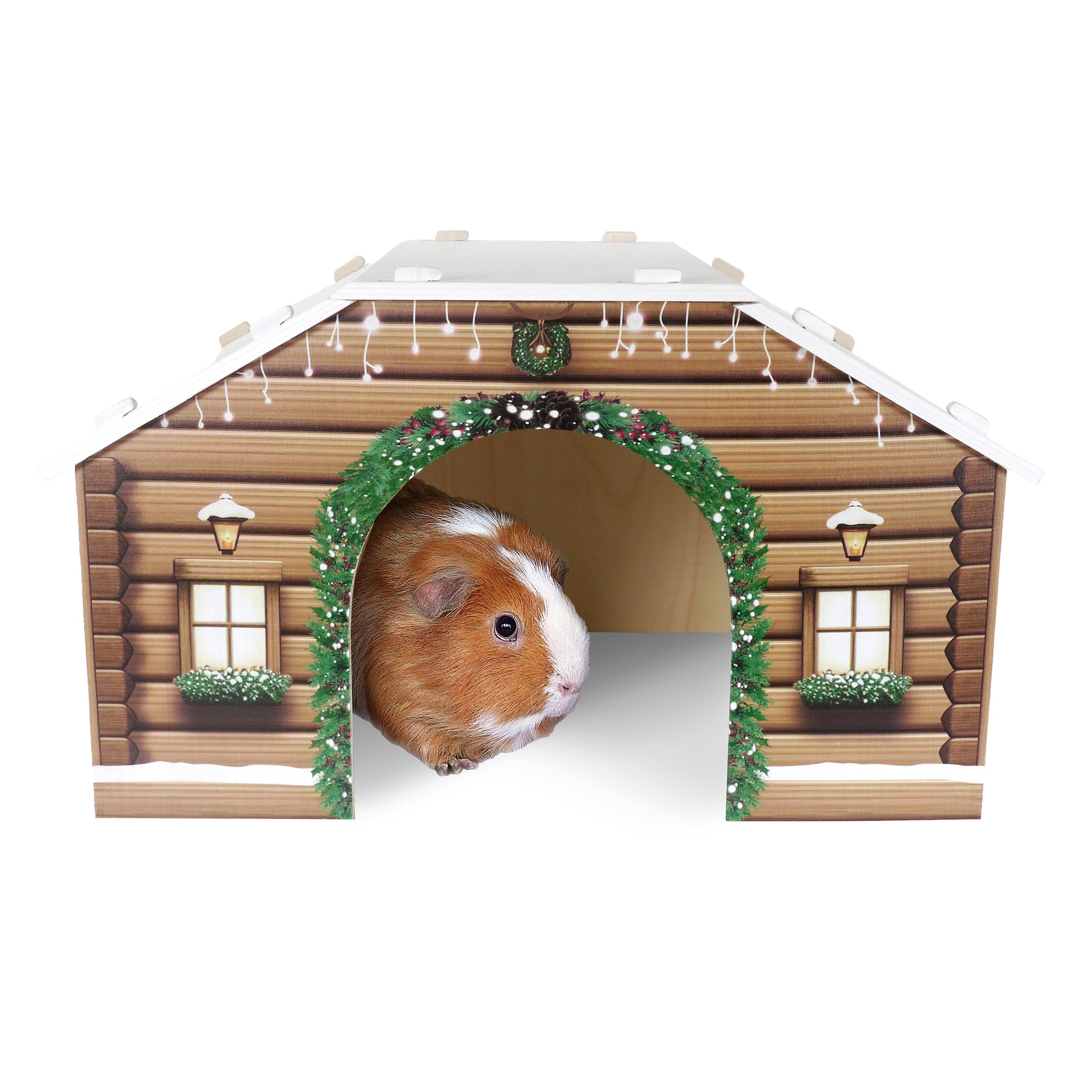Rosewood Cupid & Comet Winter Cabin Hideaway for Small Animals – Cosy Pet House for Guinea Pigs and Small Rabbits, Made From Plywood, Easy to Assemble, Sleep and Shelter