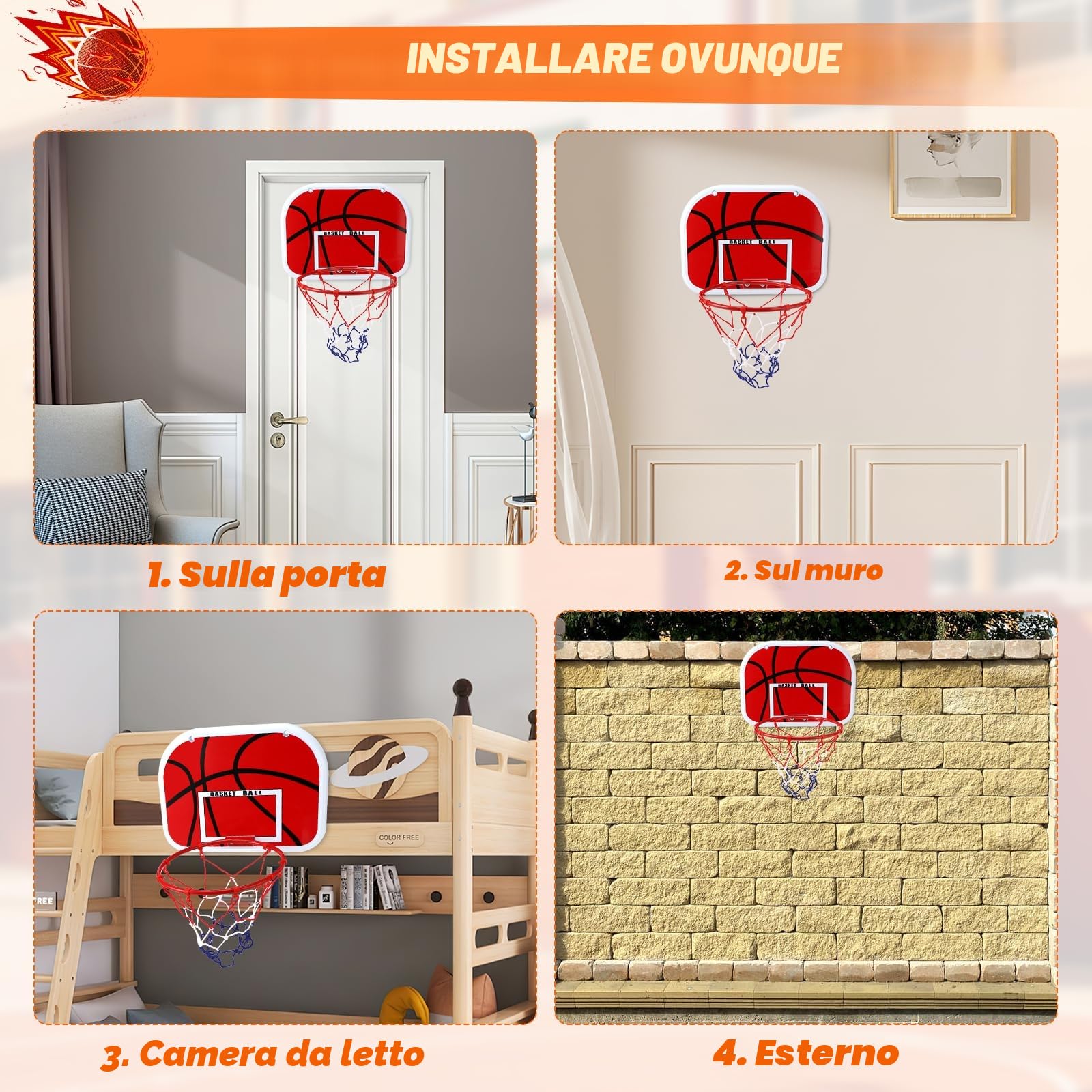 Gowkeey Mini Canestro Basket da Camera Set, Canestro Basket Bambini Facile da Installare, Canestro Basket da Muro con Pompa, Pallone da Basket e Altri Accessori per Porte di Casa, Pareti, Uffici