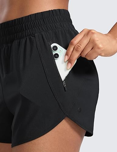 Miniatura 5 de CRZ YOGA Pantalones cortos para correr para mujer, talle alto, con bolsillo con cremallera, forro de malla, entrepierna de 3 pulgadas, dobladillo