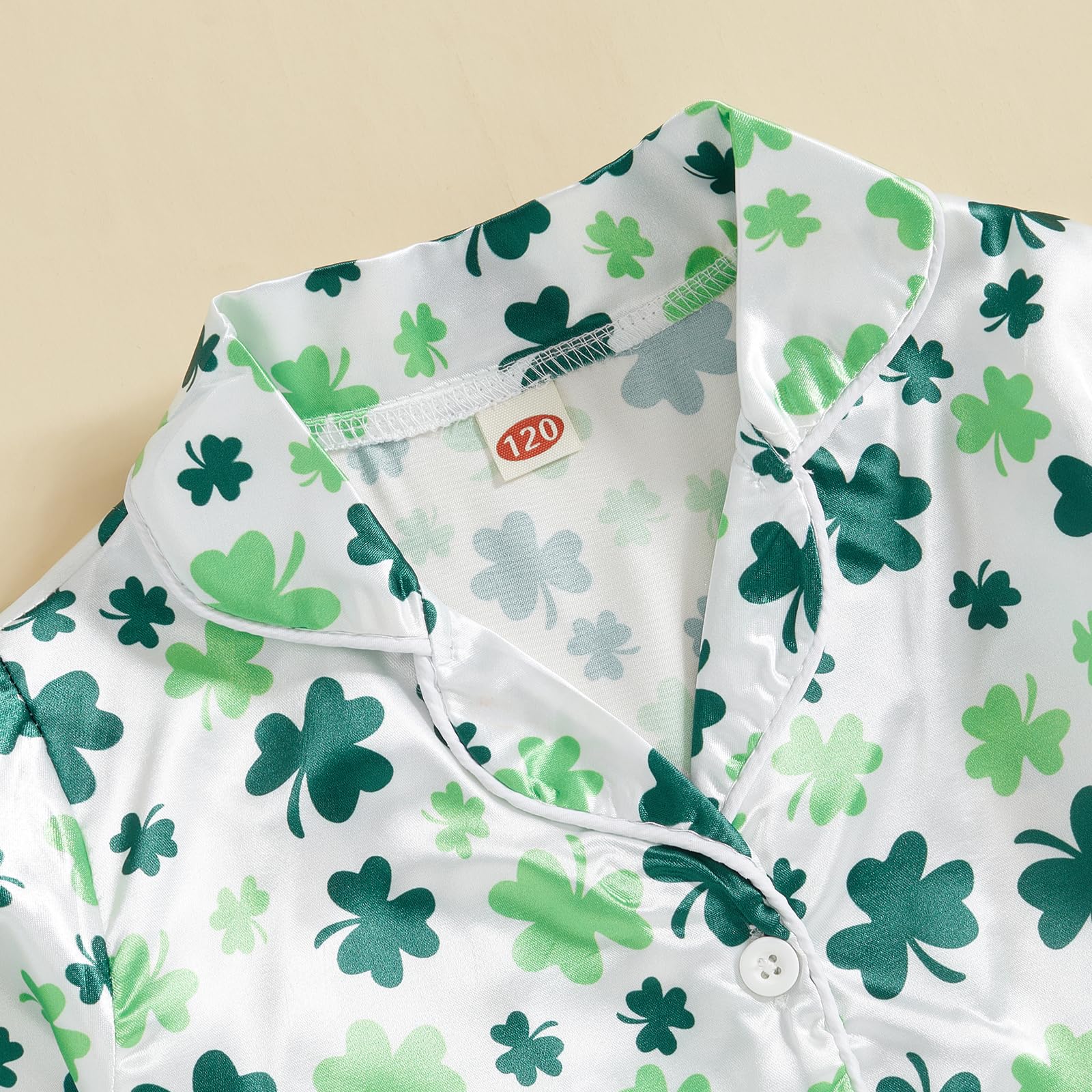 fyclemt Toddler Baby Boy Girl St. Patricks Day Silk Pajamas Set Luck Clover Long Sleeve Shirts Tops Pj Pants Kids Satin Pj Nightgown (White Shamrock Print, 4-5 Years)