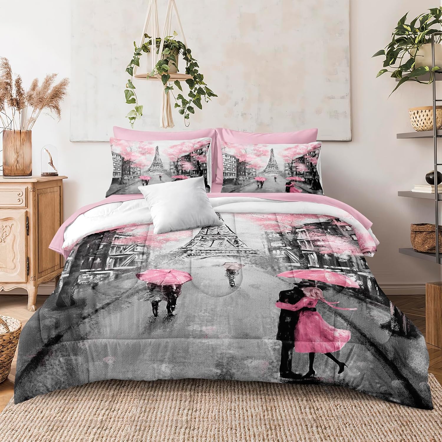 Merryword Pink Paris Comforter Set King Size Eiffel Tower