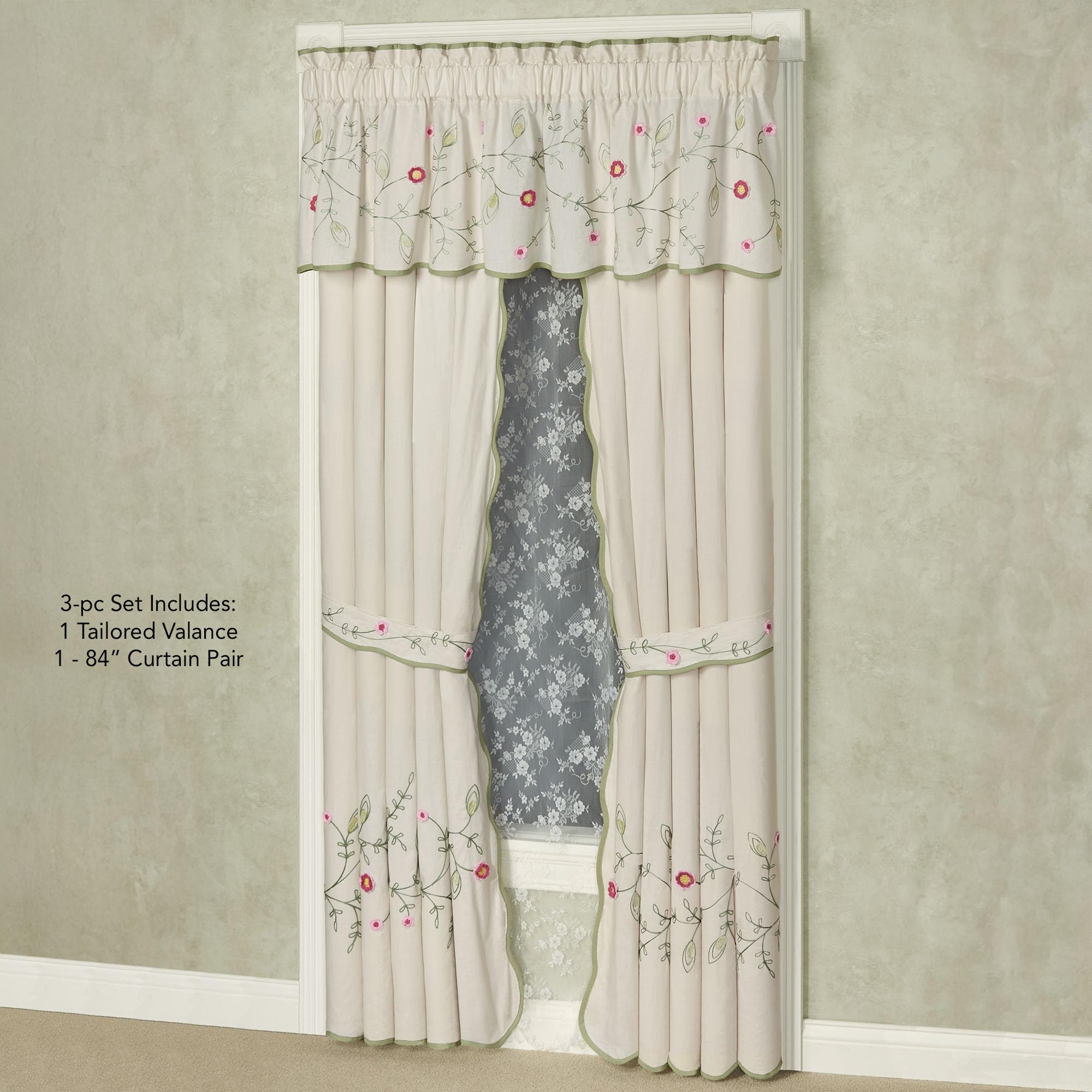 Posy Cottage Garden Lined Cotton Window Treatments | Chain Stitch Embroidery & Crochet Floral and Leaf Vine Fiber Art Designs | Rod Pocket Scallop-Edged Drapery Set with Valance & 84L Curtain Pair