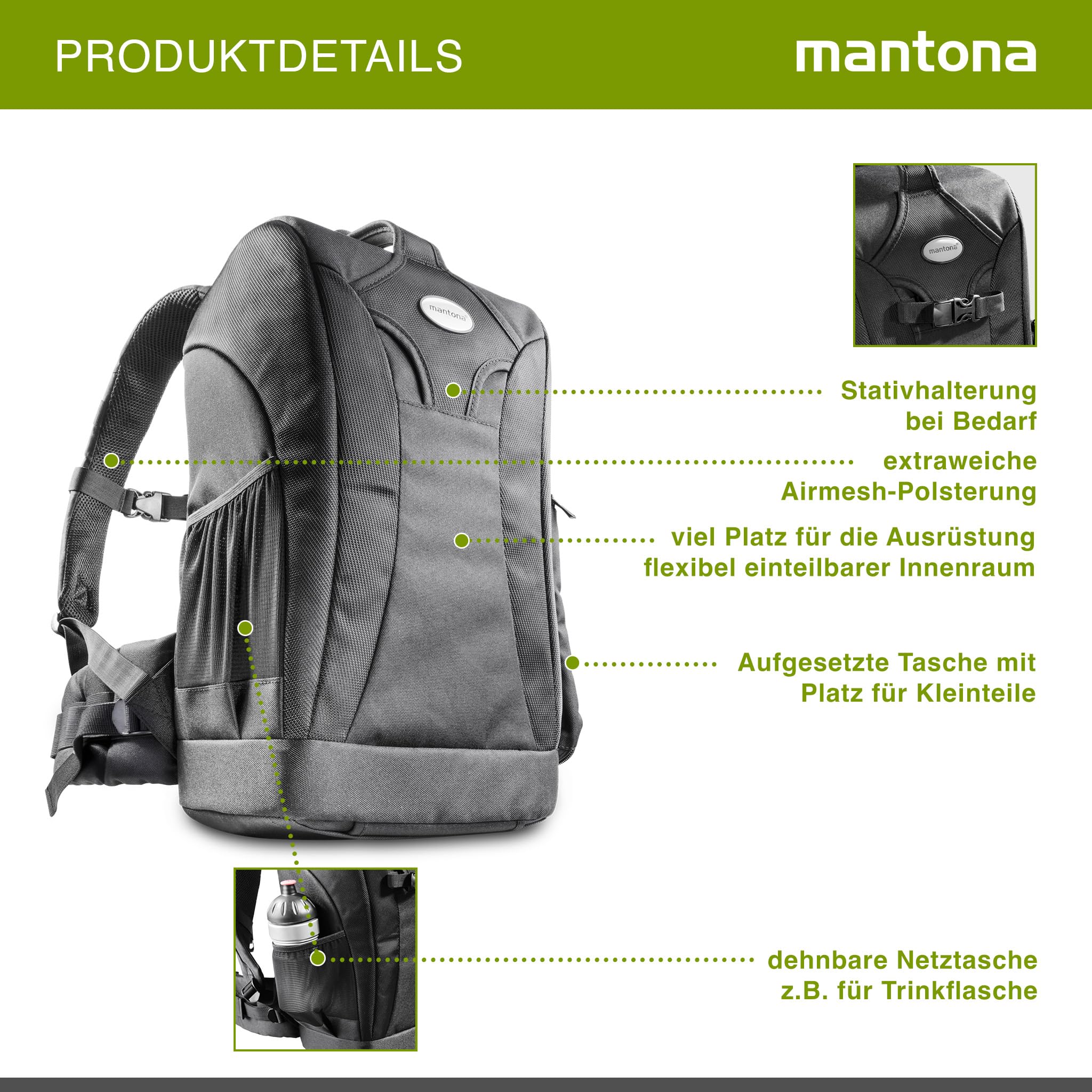 Mantona Trekking fotorugzak, camerarugzak voor DSLR-camera's, fototas met statiefhouder en variabel deelbare binnenruimte, cameratas met regenbescherming