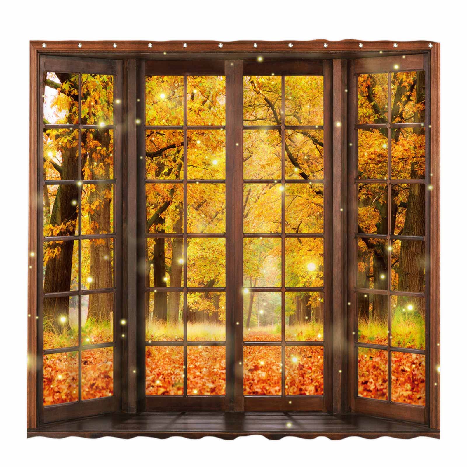 Allenjoy 72" x 72" Fall Window Shower Curtain Autumn Maple Leaves Forest Home Bathtubs Bathroom Curtain Decoration Set 12 Hooks Washable Durable Polyester Fabric