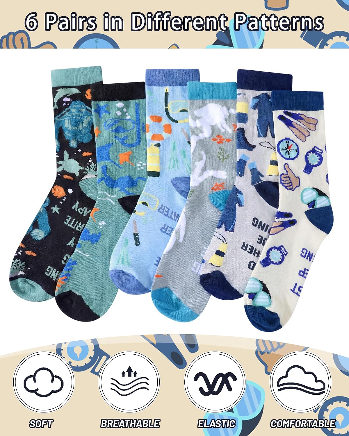 6 Pairs Novelty Diver Socks for Men Funny Diving Gifts Cool Crew Socks Summer Birthday Father's Day Diver Snorkeling Lover Diving Dad Gifts