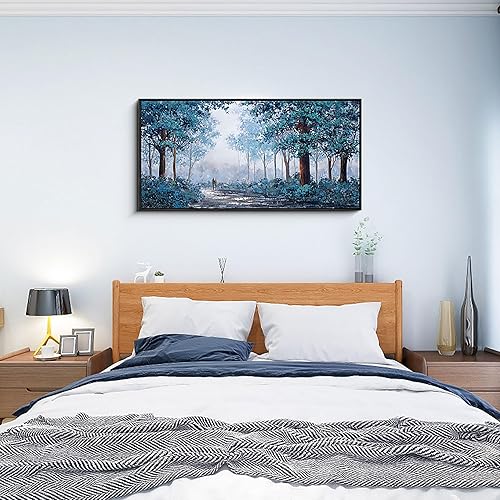 Miniatura 4 de KLAKLA Arte de pared con marco negro para dormitorio, árbol azul prusiano, arte de pared para sala de estar, obra de arte enmarcada con hojas