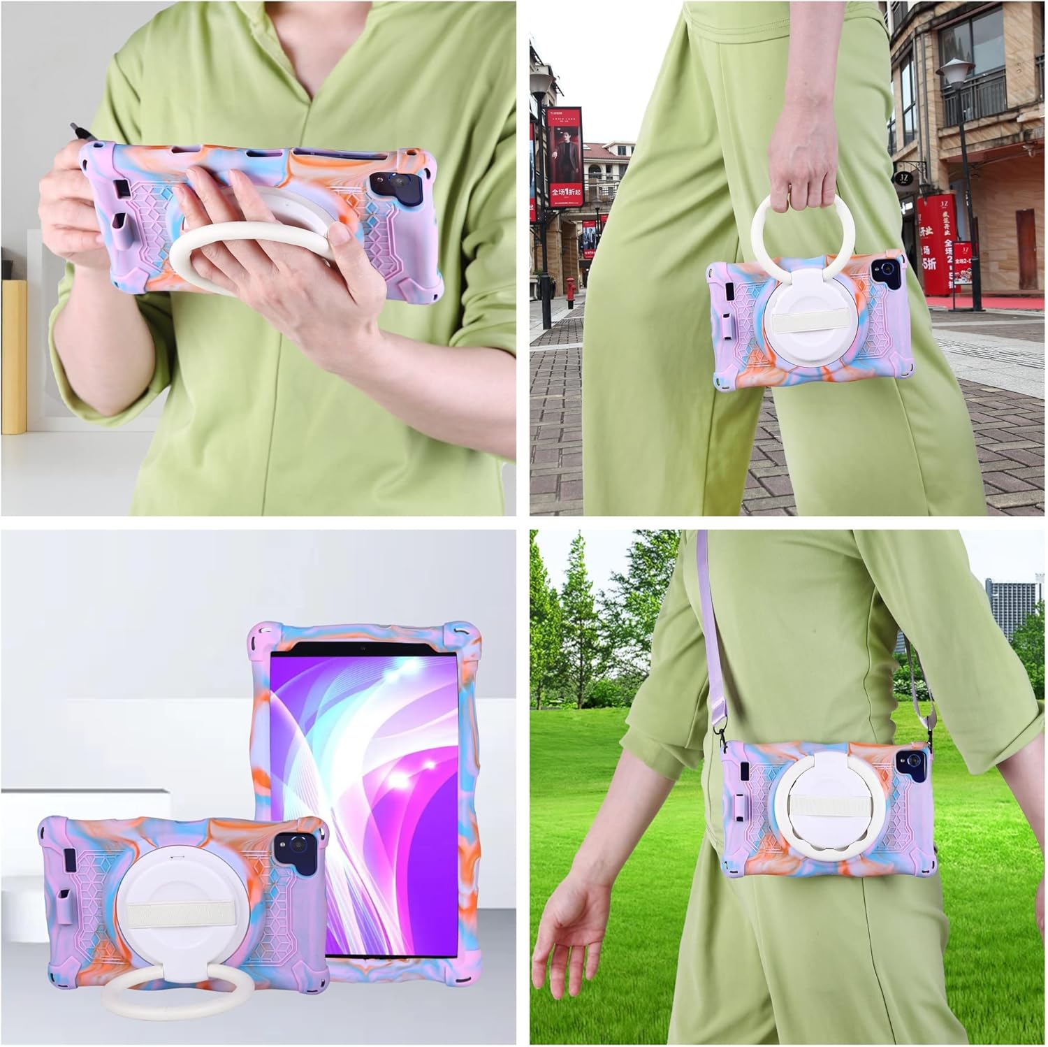 Anti-Yellowing Tablet Case for Children Compatible with TECLAST T50, Lightweight Soft Silicone Case, Hand Strap, Shoulder Belt, Rotating Stand (Rose Rose Pink)