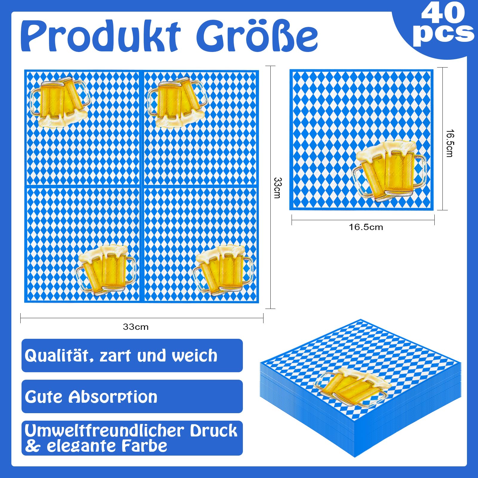 80 Stück Oktoberfest Servietten – Blau-weißes Design Mit Brezeln & Bier, 33x33 Cm