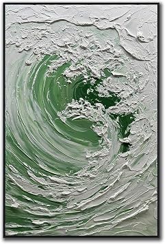 V-inspire 3D Textured Wave Oil Painting, 24x36 Inches, Green and White Abstract Canvas Art with Black Frame