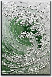 V-inspire 3D Textured Wave Oil Painting, 24x36 Inches, Green and White Abstract Canvas Art with Black Frame
