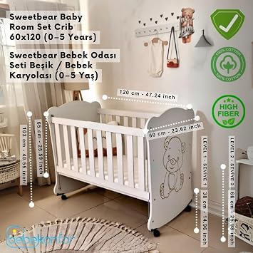 Sweetbear Tekerlekli Ahşap Anne Yanı Beşik 50x90 cm | 3 Kademeli Ayarlı Mini Beşik | Taşınabilir Bebek Beşiği | Şirin Ayı Figürlü Tasarım (0–24 Ay)
