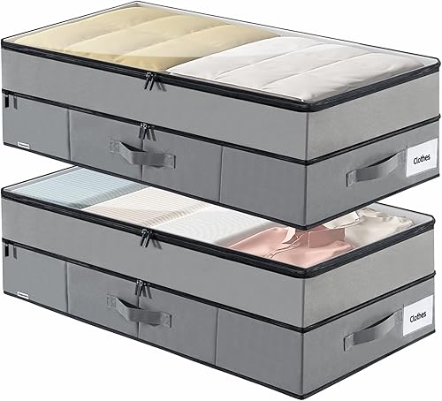 Contenedores de almacenamiento grandes debajo de la cama, paquete de 2 contenedores de almacenamiento de doble capa debajo de la cama con 3 asas,