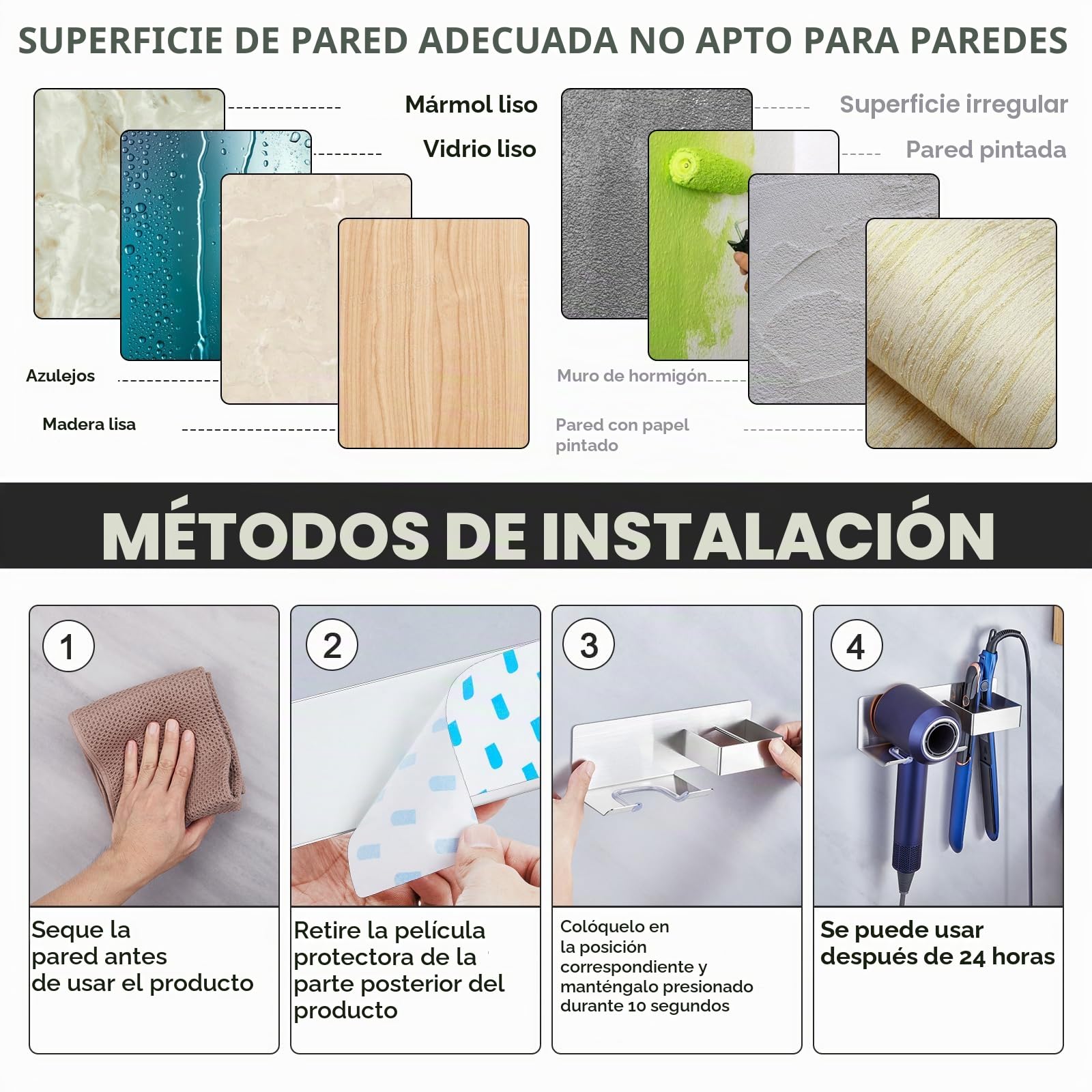 Soporte Secador Pelo y Plancha sin Taladro Adhesivo