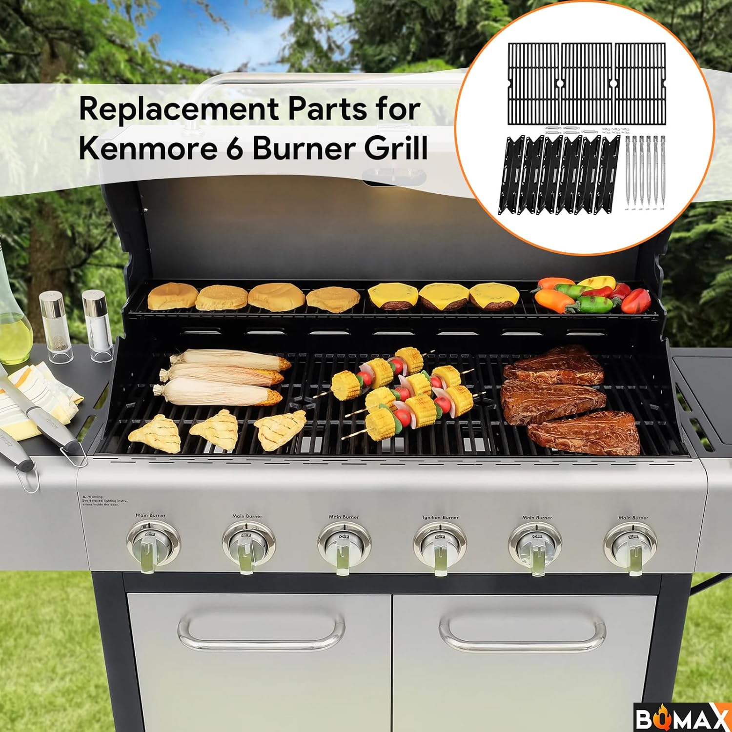 Grill Replacement Parts for Kenmore 6 Burner 146.23766310, 146.47223610, 146.23681310 Gas Grill, Grill Grates, Heat Plate Shield and Burner Tube Kit for Kenmore Replacement Parts 6 Burner