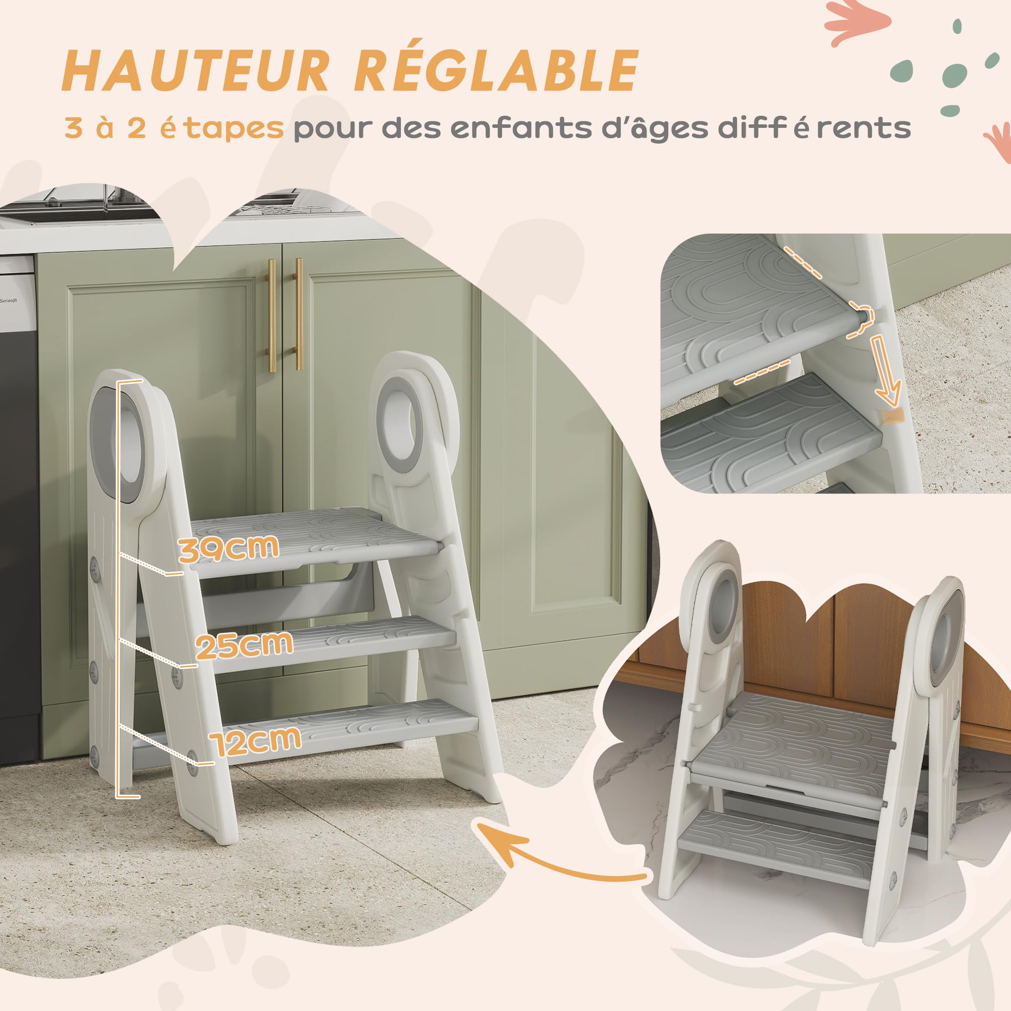 AIYAPLAY Marche Pied pour Enfant 3 marches, Pliable, avec poignées, Gris | Marchepied de cuisine pour enfant, hauteur ajustable, surface antidérapante, pour salle de bain, cuisine