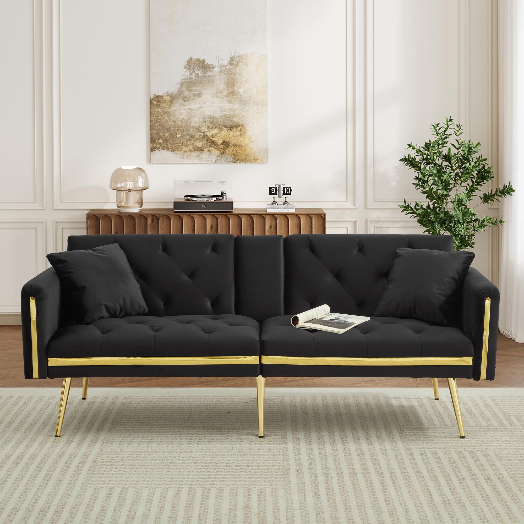 ModernLuxe Sofa Bed with Adjustable Backrest, Gold Accents & Built-in Cup Holders, Convertible 2 Seater Sofa, Comfortable Space-Saving Daybed for Living Room or Bedroom, Velvet, Black — image 1