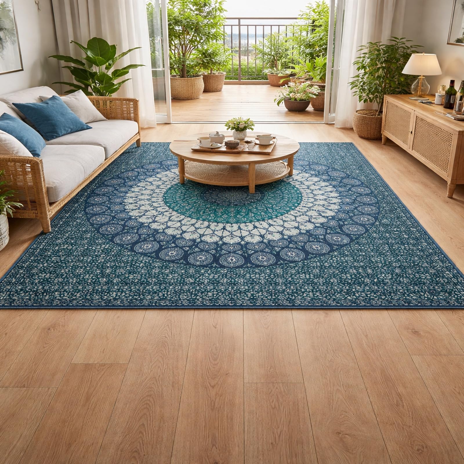 Alfombra de pelo corto suave con diseño geométrico abstracto azul