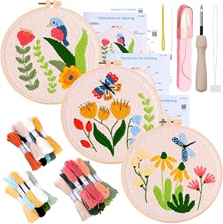 Peotclola 초보자, 성인용 DIY 펀치 니들 키트, 스타터 니들 DIY 펀치 공예, 사전 패턴 자수, 후프, 바늘, 실, 설명서(한글이 아닐 수 있음) 3세트 포함 (꽃 A3)