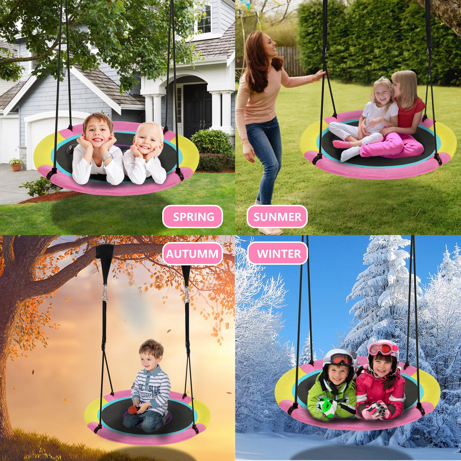 HOTJUMP 40 Inch Saucer Tree Swing for Kids Outdoor, Textilene Fabric Tear & UV Resistant Waterproof, Round Disc Circle Swing with Adjustable Hanging Straps, Swing Set for Backyard Garden, Pink