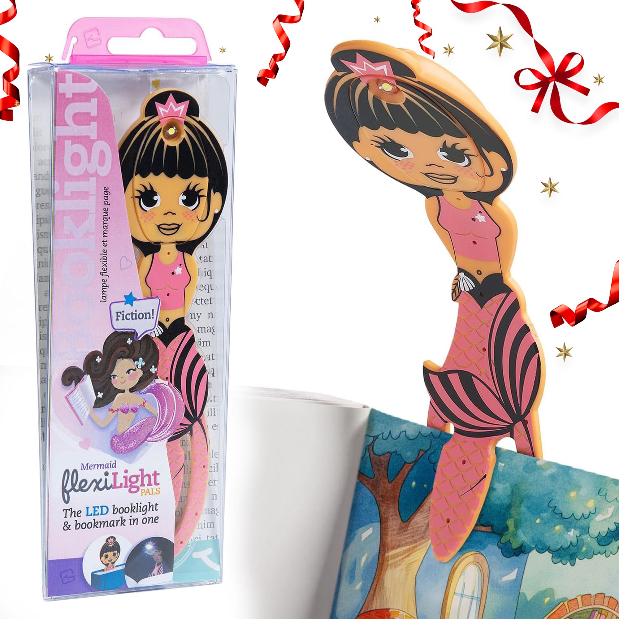 Gifts for Readers & Writers Book Light for Kids, Clip On Reading Light for Bed, 2in1 Flexilight Pals & Bookmark, Small & Lightweight with a Soft Glow, 2 Batteries Included, Mermaid Pink