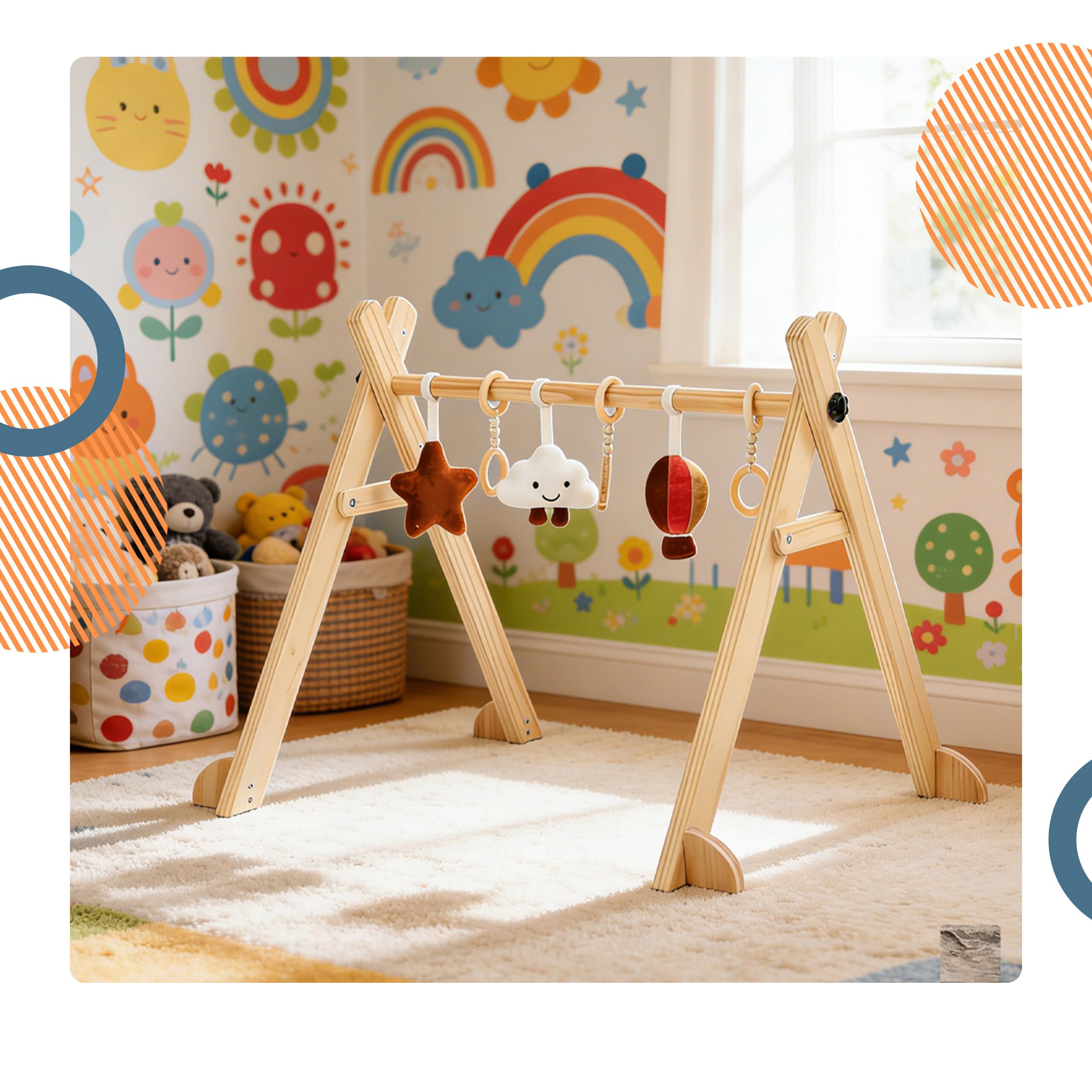 Relaxdays arco de juegos madera, 6 colgantes extraíbles, natural | 55 x 68 x 59,5 cm, fomenta motricidad, Baby gym