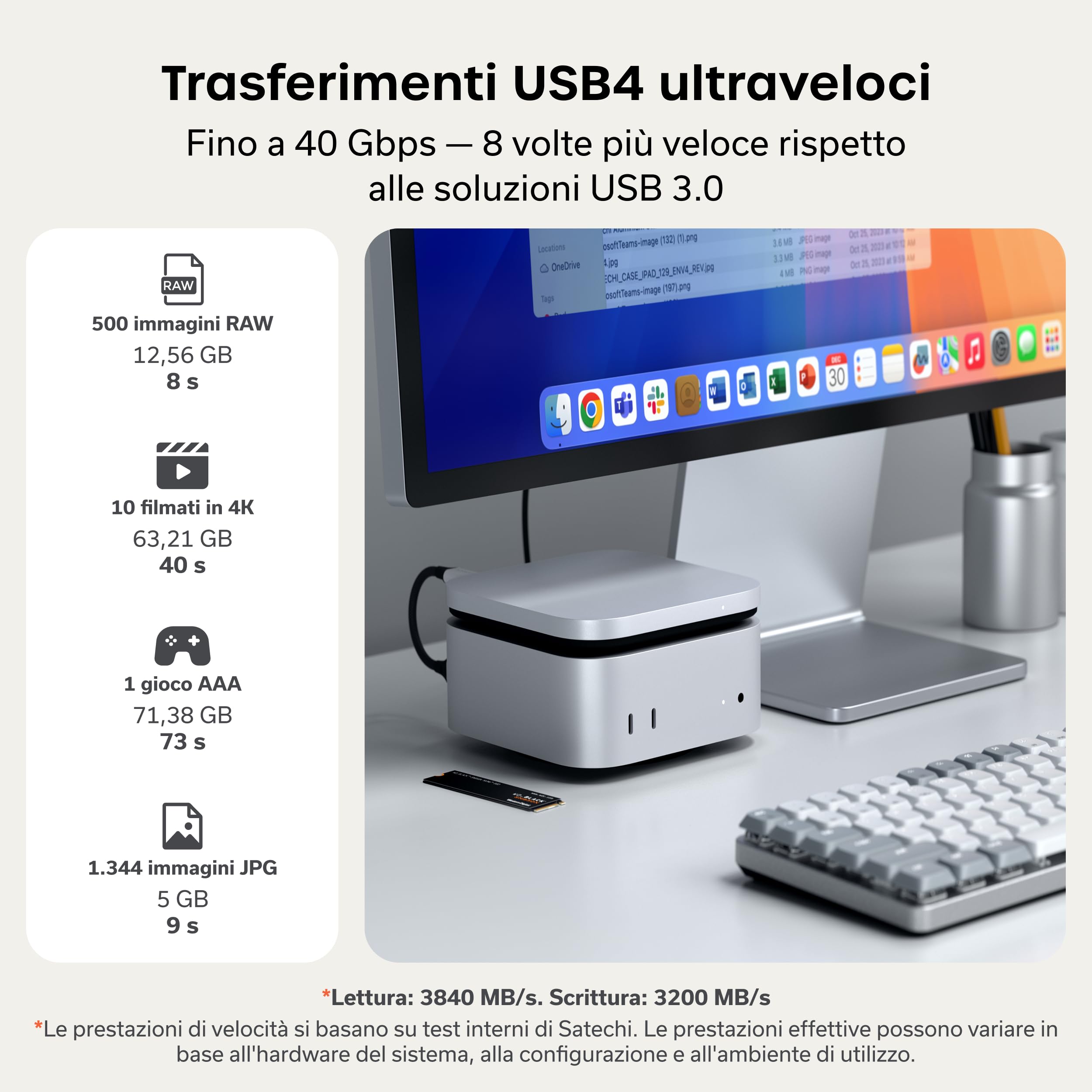 SATECHI Custodia SSD NVMe USB4 per Mac Mini M4, Compatibile con Thunderbolt 5/4, fino a 8TB, Velocità 40Gbps con Sistema di Raffreddamento, per SSD M.2 2280/2260/2242/2230 (SSD non incluso)