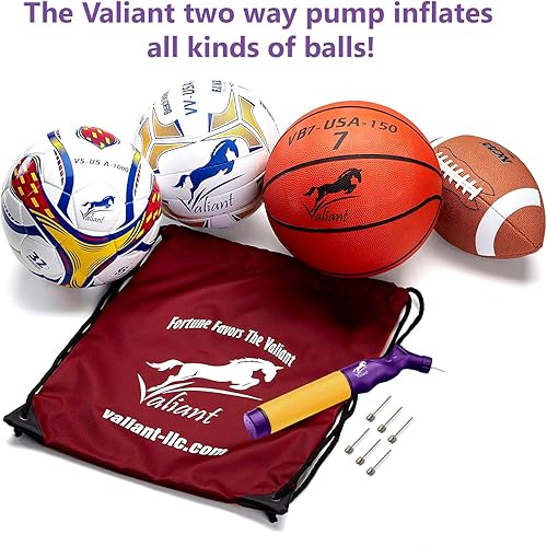 Miniatura 4 de Valiant Inflador de bola deportiva con 5 agujas y bolsa, bomba de aire portátil de doble acción con pasadores para inflar pelota de fútbol, fútbol,