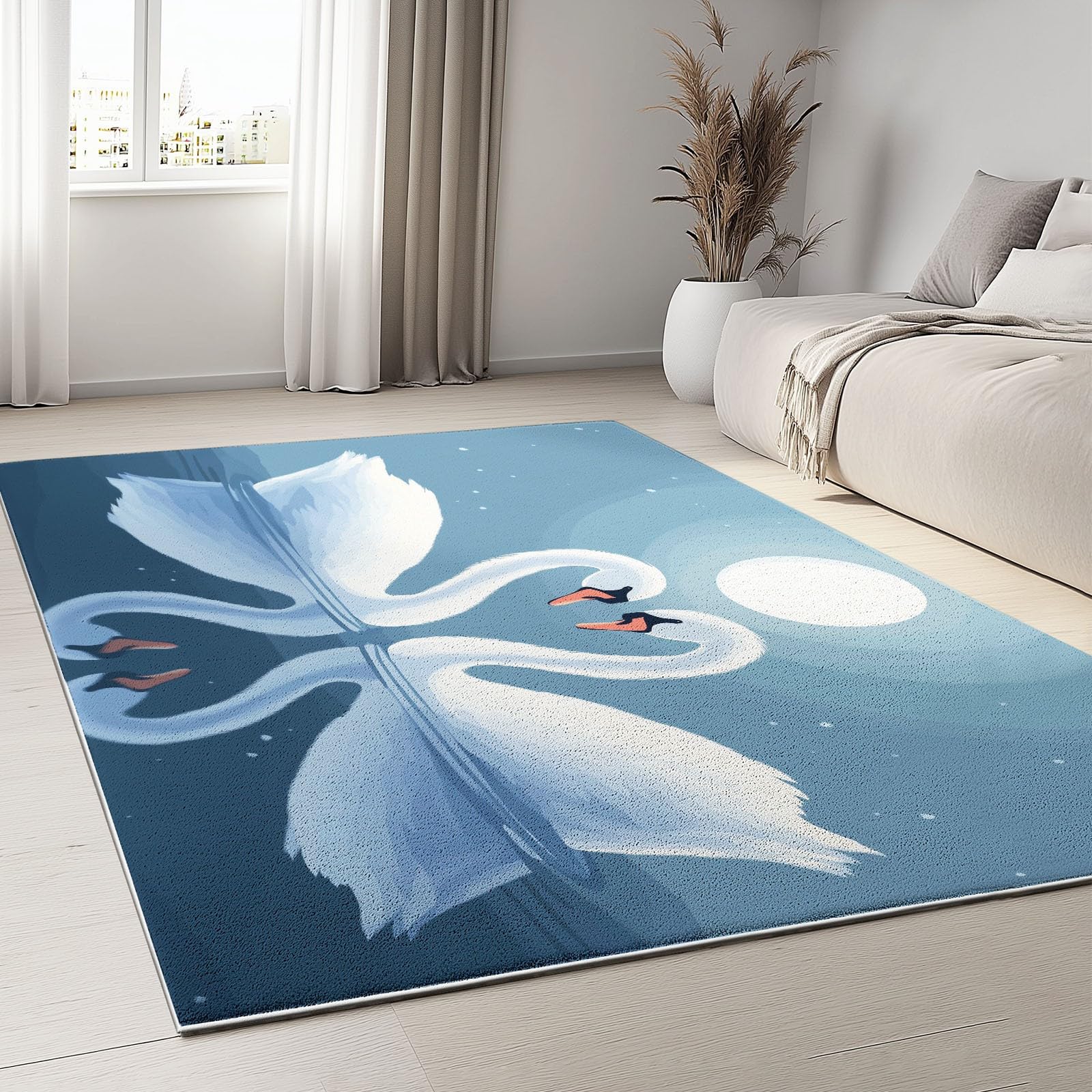 Bleu Tapis Enfant 140x200 cm Ciel Étoilé Lune Animaux Cygnes, Tapis Lavable en Machine et Antidérapant, Moquette à Poil Ras Doux pour Chambre et Salle de Jeux