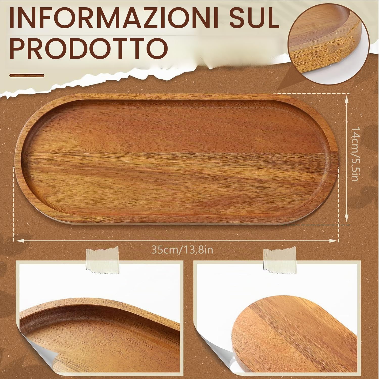 Set di 8 grandi vassoi ovali in legno, 35,8 x 14 cm, per dessert, snack, pane, frutta, aperitivi
