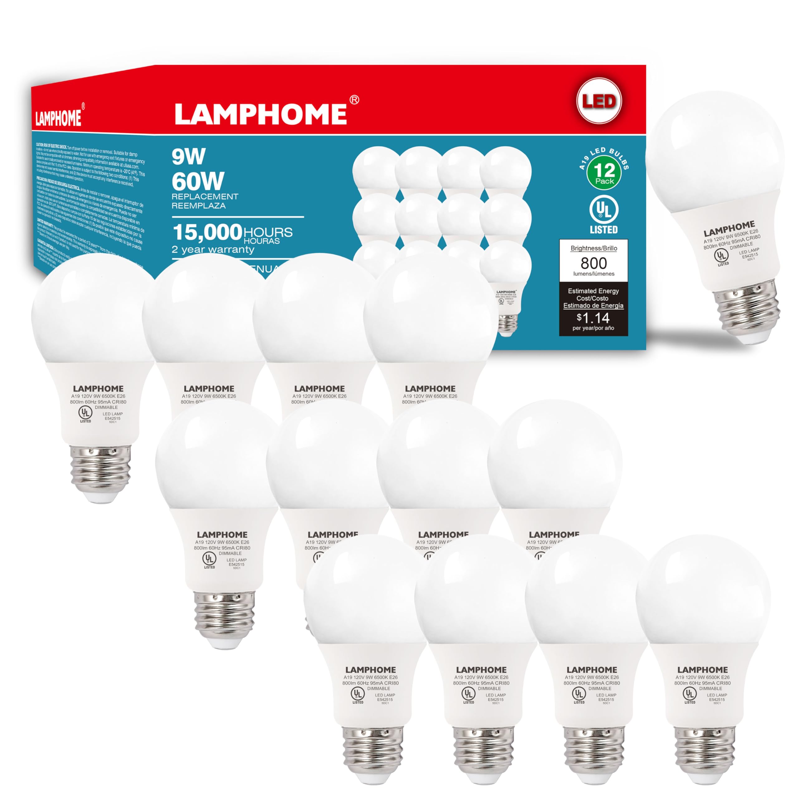 LAMPHOME 12-Pack Cool White LED Bulbs - Energize Bedroom & Living Room Spaces, 60W Equivalent, 6500K, 9W, 15000-Hour Life, E26 Base