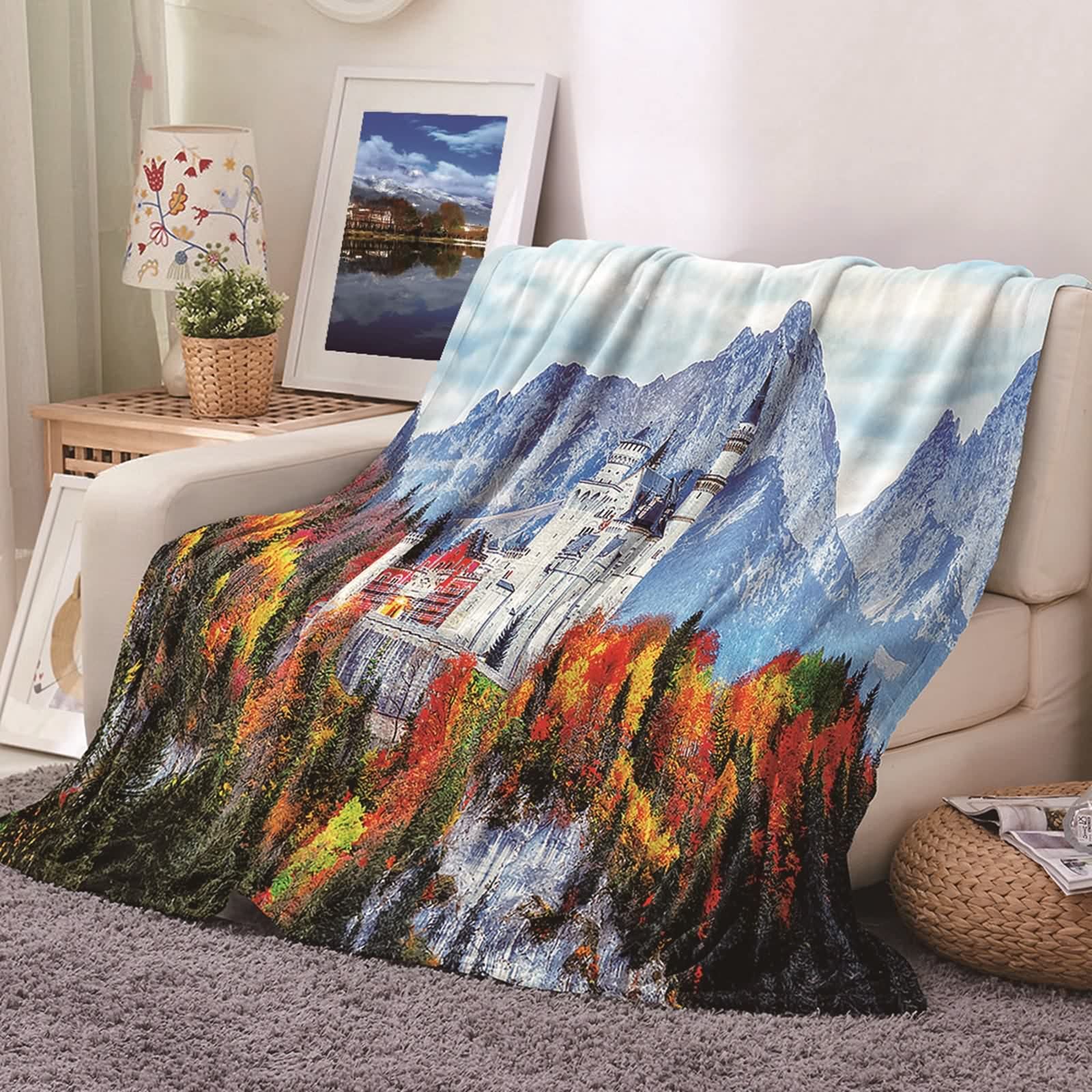 Couverture en flannel KnSam plaid 130x150cm imprimé montagnes château