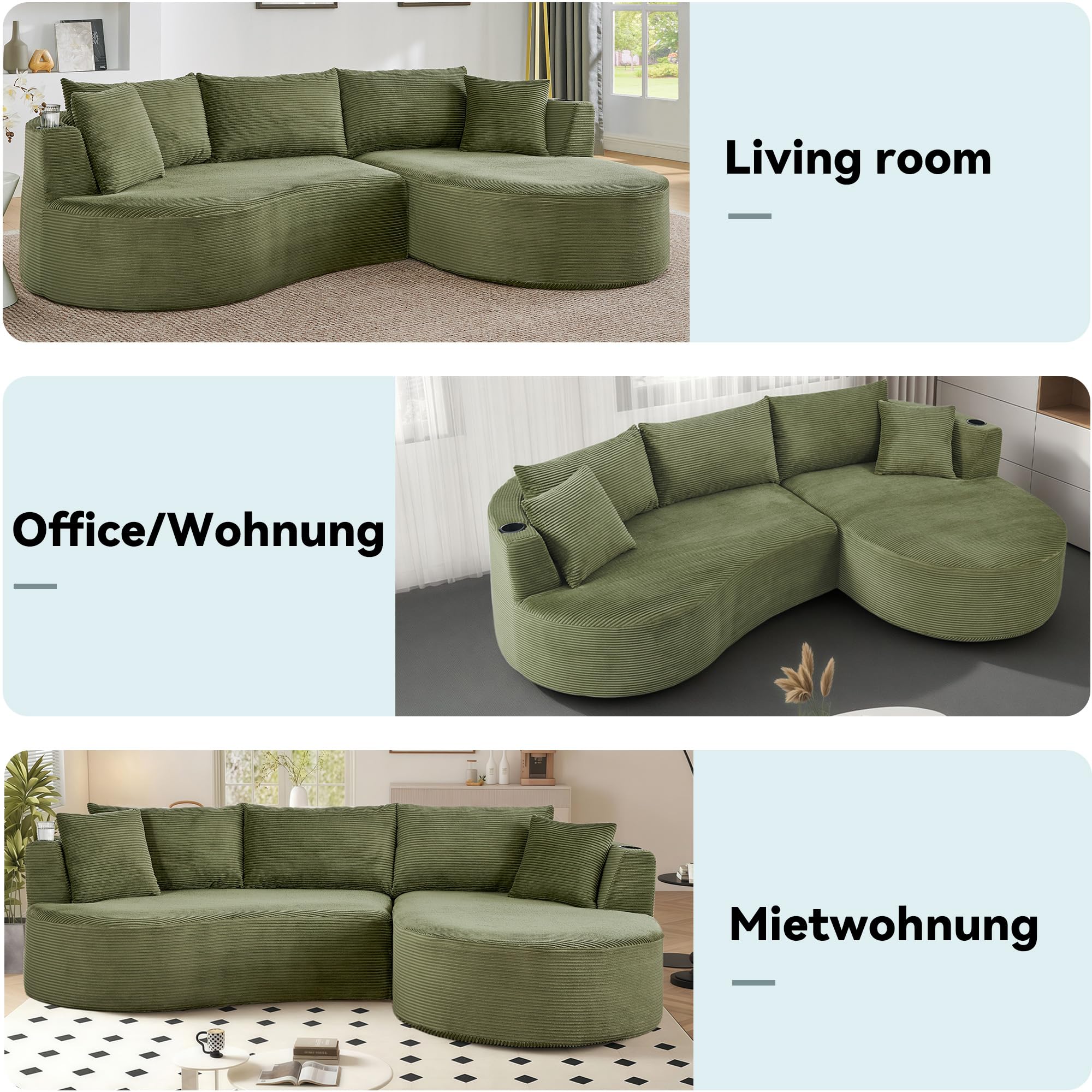 Muskel 3-Sitzer Kompressionssofa,Rechte Chaiselongue+2-Sitzer, Bogenförmiges Design, weicher Kordstoff, mit Getränkehalter und Kissen, vakuumverpackt, für Wohnzimmer, Hotel, Apartment und Büro,Green